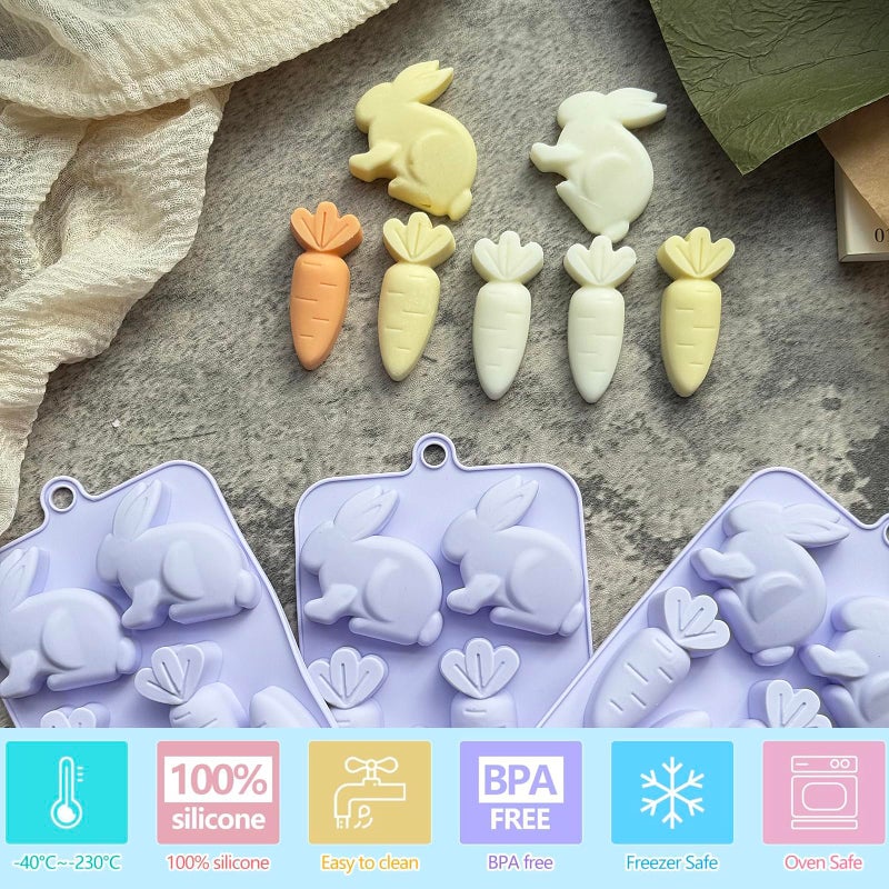 ZINDIACINE 3-Pack Easter Bunny Silicone Mold, 3D Easter Bunny Chocolate Molds Carrot Candy Ice Mold Food Grade Non-Stick Silicone Molds for Candy, Jelly, Fondant, Resin, Candle Making - Image 2