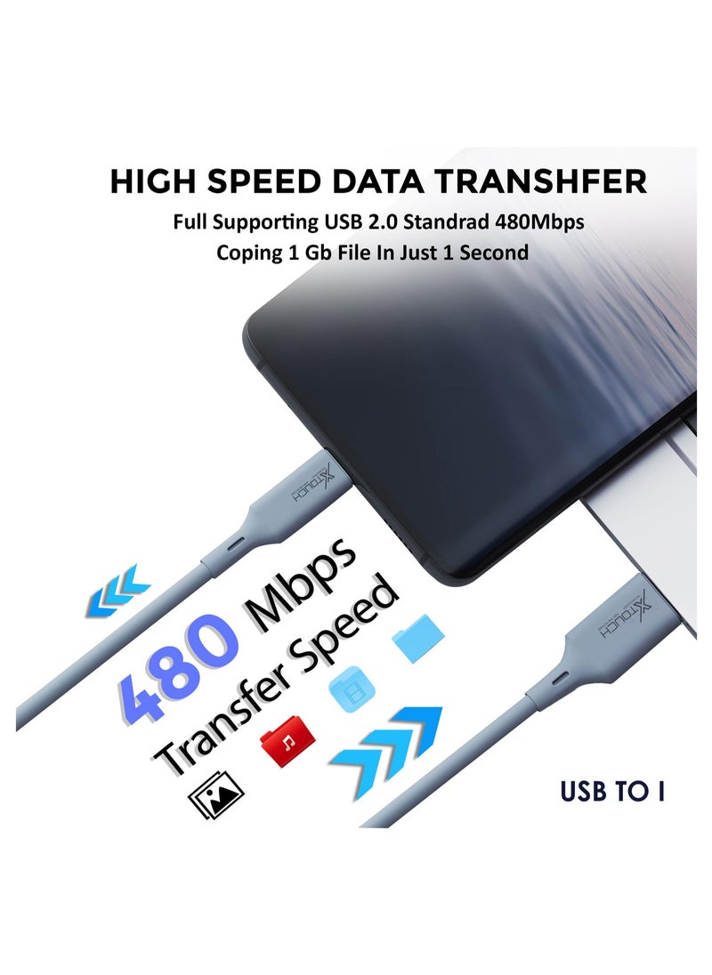 XTOUCH - XTOUCH USB to Fast Charging and Data Cable Compatible for iPhone 3 FT Pack of 1 Grey - Image 1