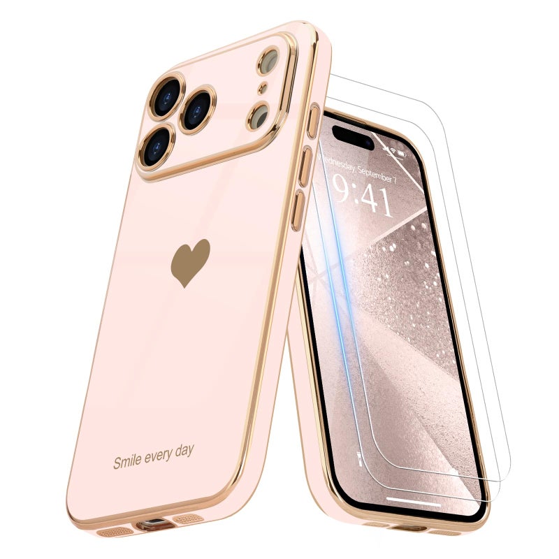 Teageo for iPhone 17 Pro Case with Screen Protector [2 Pack] Girl Women Cute Girly Love-Heart Luxury Gold Soft Cover Camera Protection Shockproof Phone Case for iPhone 17 Pro, Light Pink - Image 1