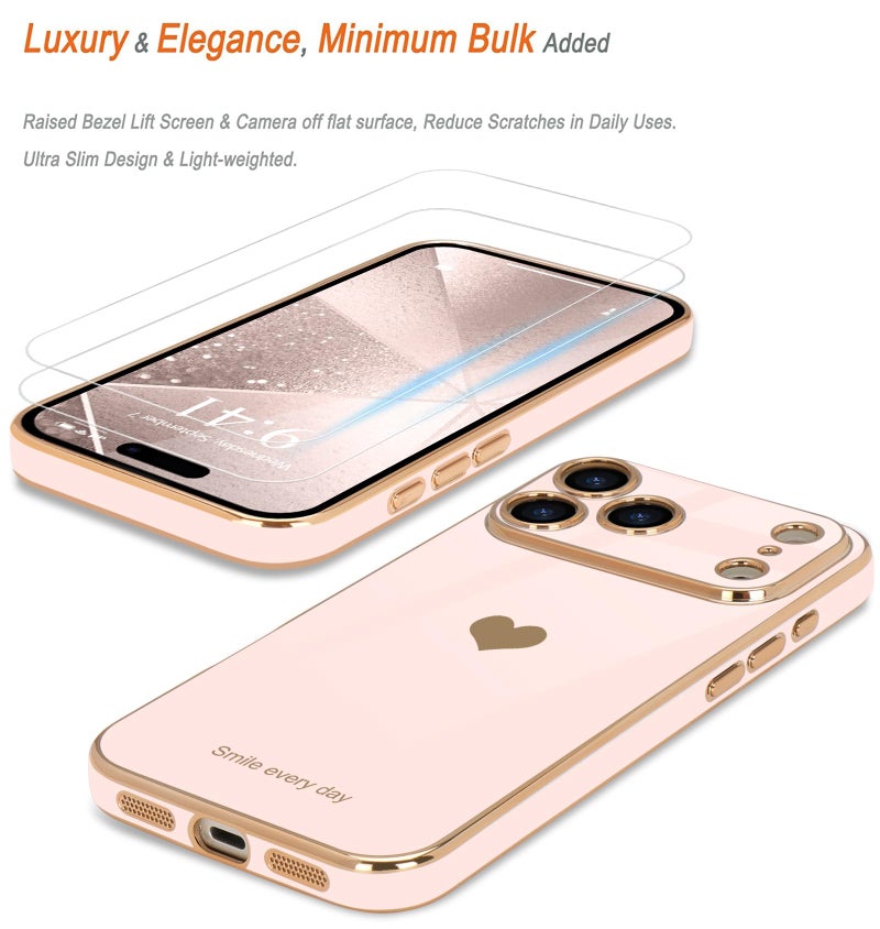 Teageo for iPhone 17 Pro Case with Screen Protector [2 Pack] Girl Women Cute Girly Love-Heart Luxury Gold Soft Cover Camera Protection Shockproof Phone Case for iPhone 17 Pro, Light Pink - Image 3