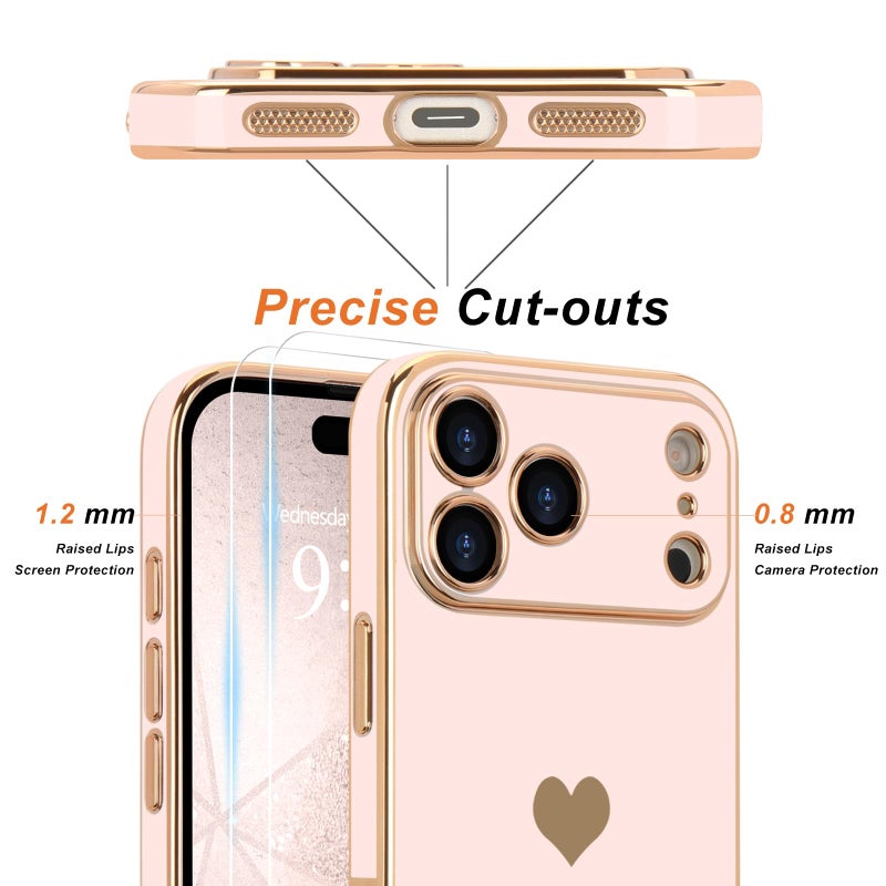 Teageo for iPhone 17 Pro Case with Screen Protector [2 Pack] Girl Women Cute Girly Love-Heart Luxury Gold Soft Cover Camera Protection Shockproof Phone Case for iPhone 17 Pro, Light Pink - Image 2