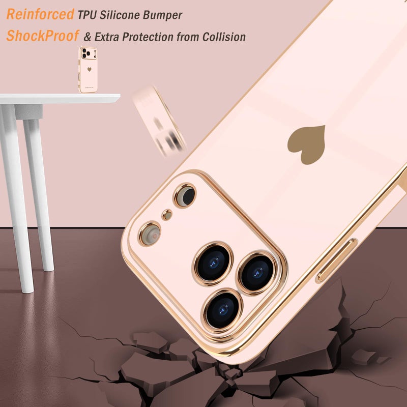 Teageo for iPhone 17 Pro Case with Screen Protector [2 Pack] Girl Women Cute Girly Love-Heart Luxury Gold Soft Cover Camera Protection Shockproof Phone Case for iPhone 17 Pro, Light Pink - Image 4