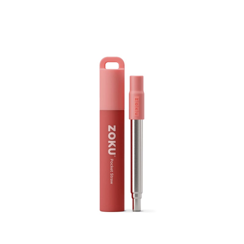 ZOKU قشة معدنية قابلة لإعادة الاستخدام مع علبة للسفر، حمراء - قشة شرب قابلة للطي من الفولاذ المقاوم للصدأ مع طرف سيليكون وفرشاة تنظيف، مثالية لسلاسل المفاتيح، الجيوب، الحقائب - Image 1