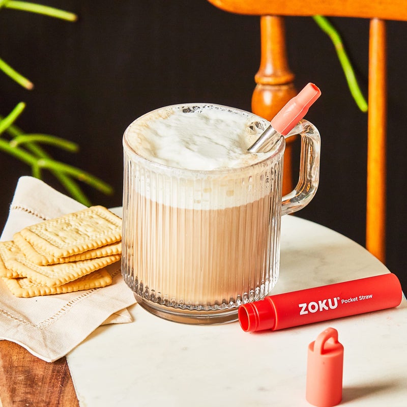 ZOKU قشة معدنية قابلة لإعادة الاستخدام مع علبة للسفر، حمراء - قشة شرب قابلة للطي من الفولاذ المقاوم للصدأ مع طرف سيليكون وفرشاة تنظيف، مثالية لسلاسل المفاتيح، الجيوب، الحقائب - Image 5