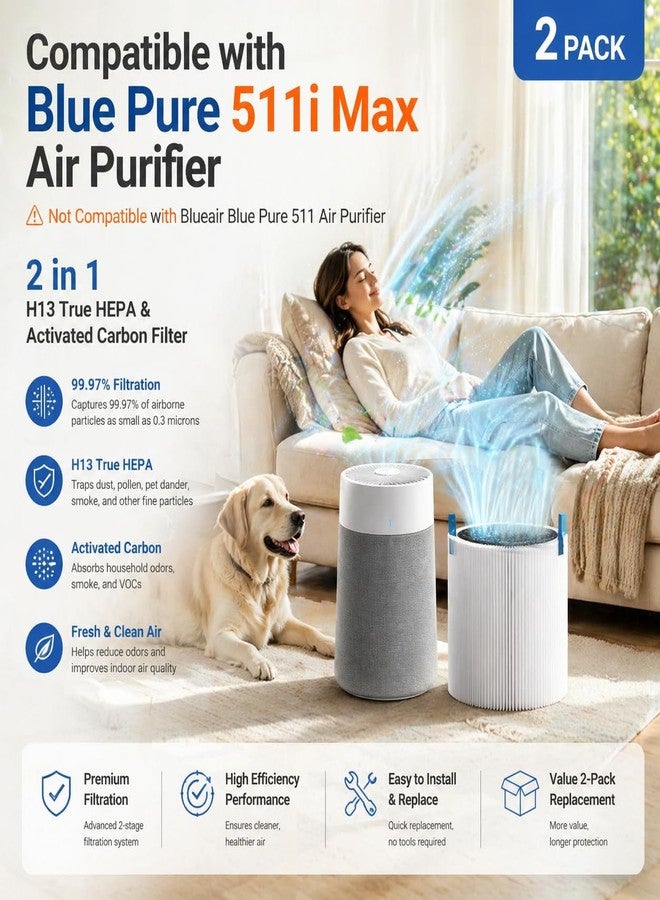 Bluearks فلتر بديل Bluearks 511i MAX متوافق مع أجهزة تنقية الهواء BLUEAIR Blue Pure 511i Max و Blue Pure F5MAX و H13 True HEPA وفلتر الكربون النشط - Image 2