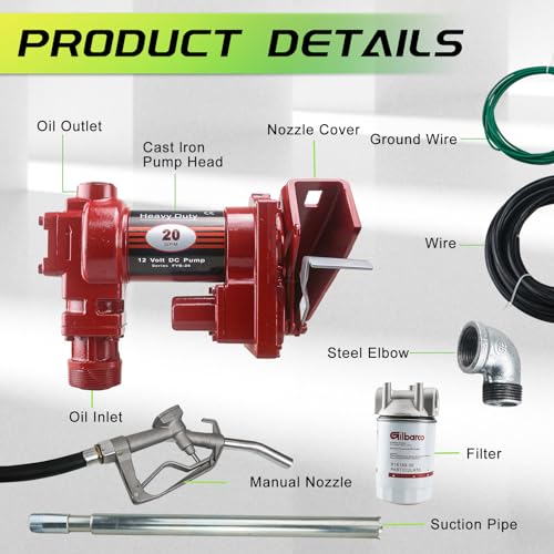 PRUNkuar 12V Fuel Transfer Pump w/Manual Nozzle, 20 GPM High Flow DC Diesel Transfer Pump, Gas Heavy Duty Transfer Pump with Filter for Gasoline, Diesel, Kerosene, Biodiesel and More - Image 4