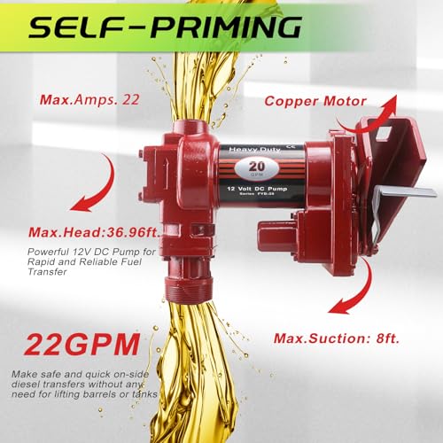 PRUNkuar 12V Fuel Transfer Pump w/Manual Nozzle, 20 GPM High Flow DC Diesel Transfer Pump, Gas Heavy Duty Transfer Pump with Filter for Gasoline, Diesel, Kerosene, Biodiesel and More - Image 3