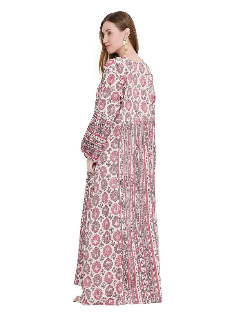 هانا آند سارا glamorous long viscose printed farasha with unique embroidered thread detailing arabic kaftan jalabiya dress