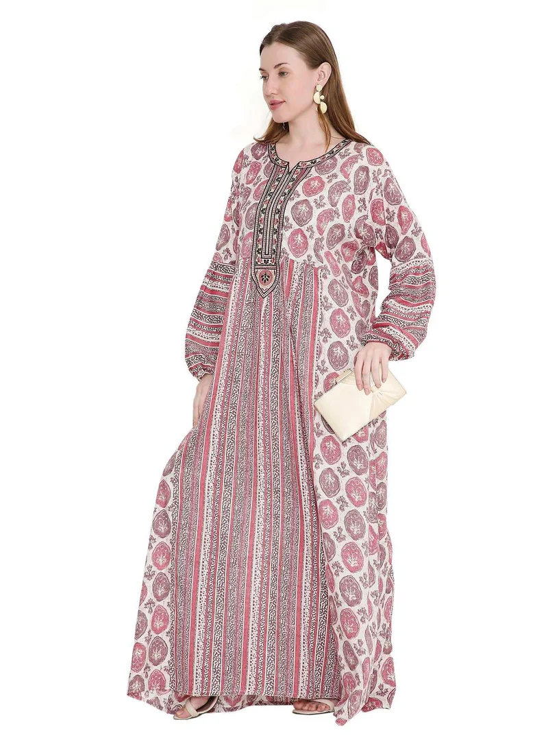 HANA & SARA glamorous long viscose printed farasha with unique embroidered thread detailing arabic kaftan jalabiya dress