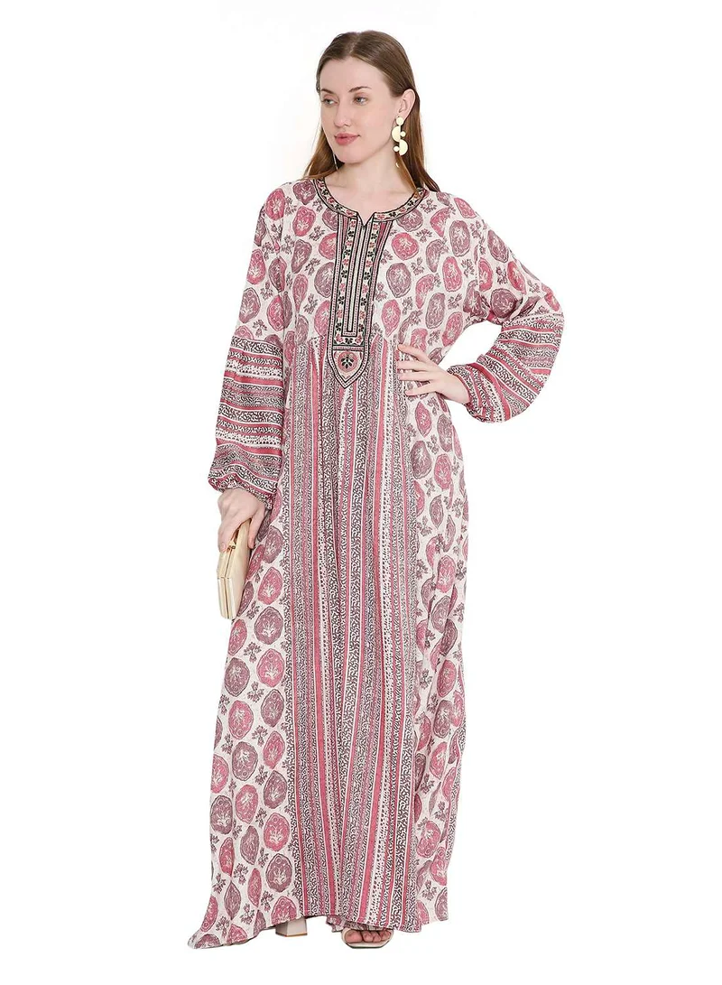 HANA & SARA glamorous long viscose printed farasha with unique embroidered thread detailing arabic kaftan jalabiya dress