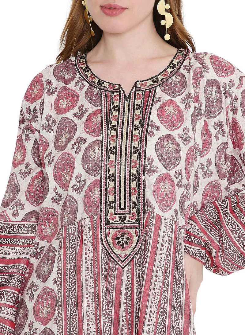 HANA & SARA glamorous long viscose printed farasha with unique embroidered thread detailing arabic kaftan jalabiya dress