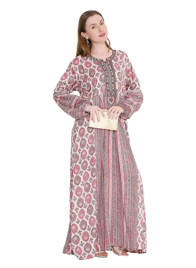 هانا آند سارا glamorous long viscose printed farasha with unique embroidered thread detailing arabic kaftan jalabiya dress