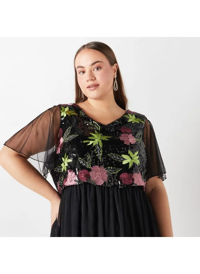 Ulla Popken Plus Size Ulla Popken Embellished Maxi Dress with Cap Sleeves