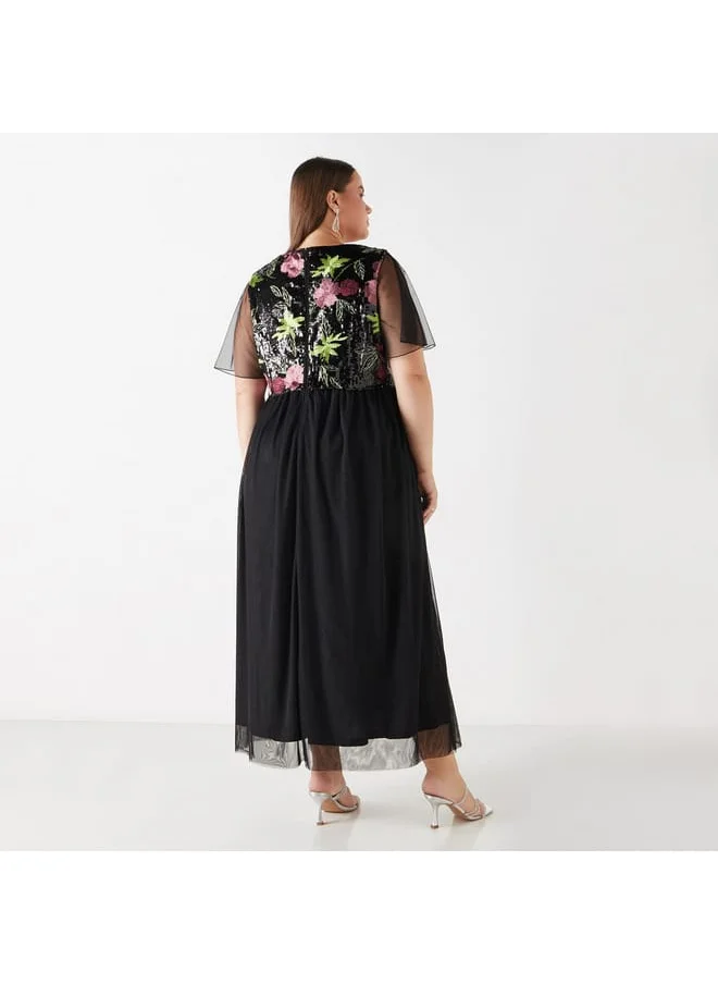 Ulla Popken Plus Size Ulla Popken Embellished Maxi Dress with Cap Sleeves