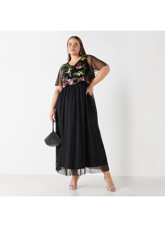 Ulla Popken Plus Size Ulla Popken Embellished Maxi Dress with Cap Sleeves  - Image 2