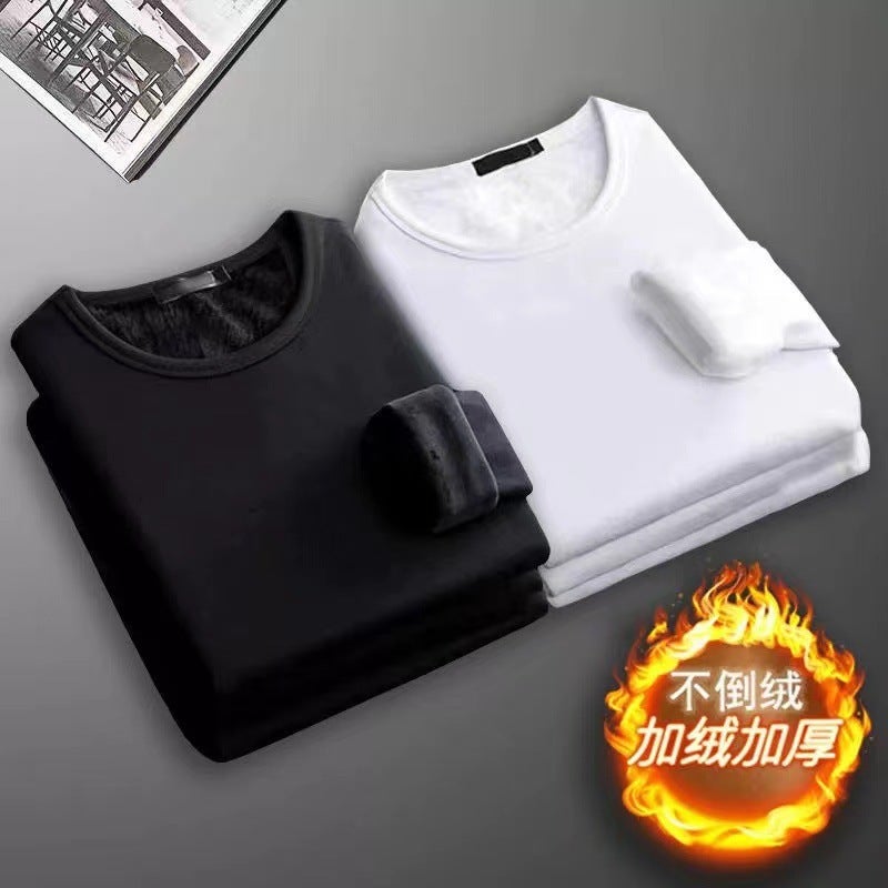 Long-Sleeved T-Shirt Men'S Thermal Underwear Fleece-Lined Thickened Round Neck Slim-Fit Base Shirt Men'S Solid Color Inner Wear Autumn Clothes - Image 2