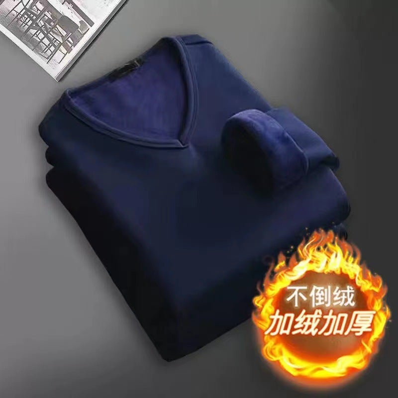 Long-Sleeved T-Shirt Men'S Thermal Underwear Fleece-Lined Thickened Round Neck Slim-Fit Base Shirt Men'S Solid Color Inner Wear Autumn Clothes - Image 1