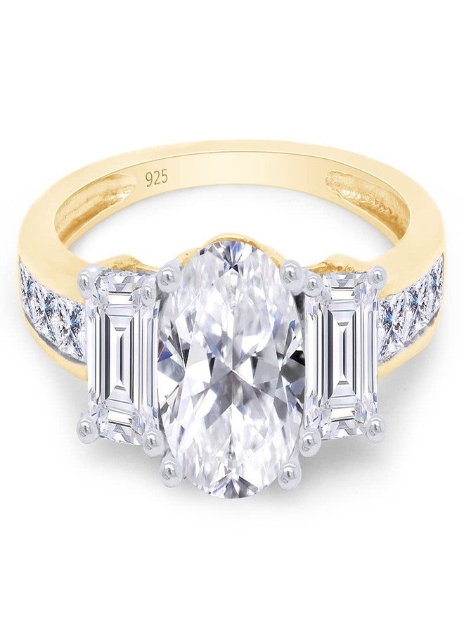SAVEARTH DIAMONDS Three Stone Ring, Center 8X6MM Oval Cut With Baguette And Princess Cut Sparkling Cubic Zirconia Engagement Ring In 14k Yellow Gold Over Sterling Silver Jewelry For Women-7 - Image 3