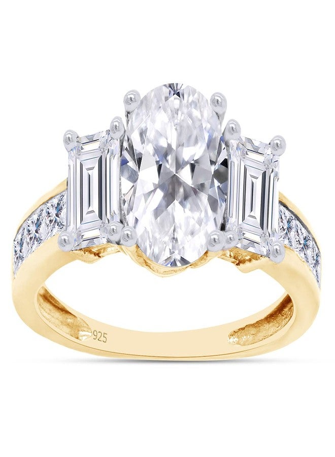 SAVEARTH DIAMONDS Three Stone Ring, Center 8X6MM Oval Cut With Baguette And Princess Cut Sparkling Cubic Zirconia Engagement Ring In 14k Yellow Gold Over Sterling Silver Jewelry For Women-7 - Image 1