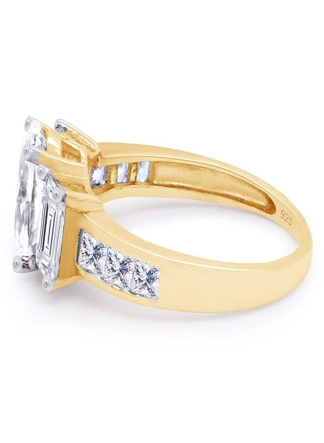 SAVEARTH DIAMONDS Three Stone Ring, Center 8X6MM Oval Cut With Baguette And Princess Cut Sparkling Cubic Zirconia Engagement Ring In 14k Yellow Gold Over Sterling Silver Jewelry For Women-7 - Image 4
