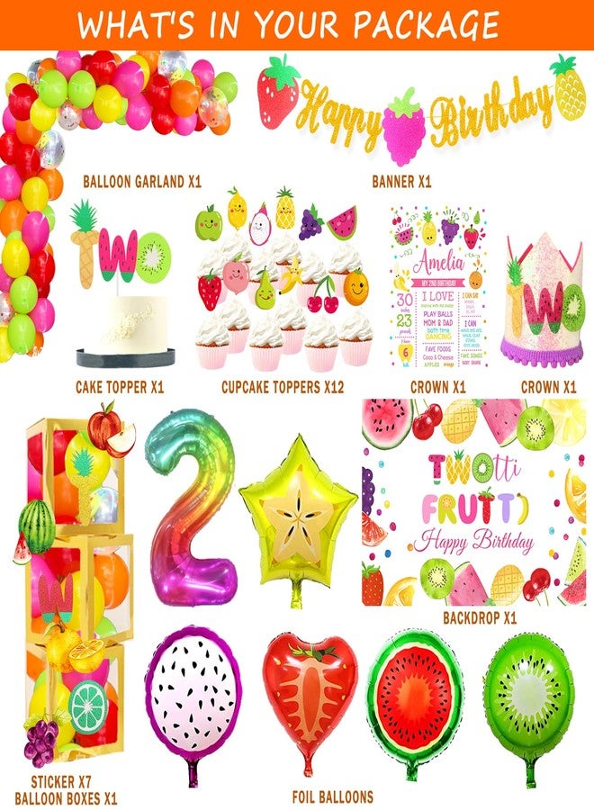 Fiesec Twotti Fruity Birthday Decorations, Fruit Themed 2nd Tutti Frutti Party Decorations Backdrop Balloon Garland Glitter Banner Cake Cupcake Topper Box Cutout Crown Poster Summer Luau 155 PCs - Image 2