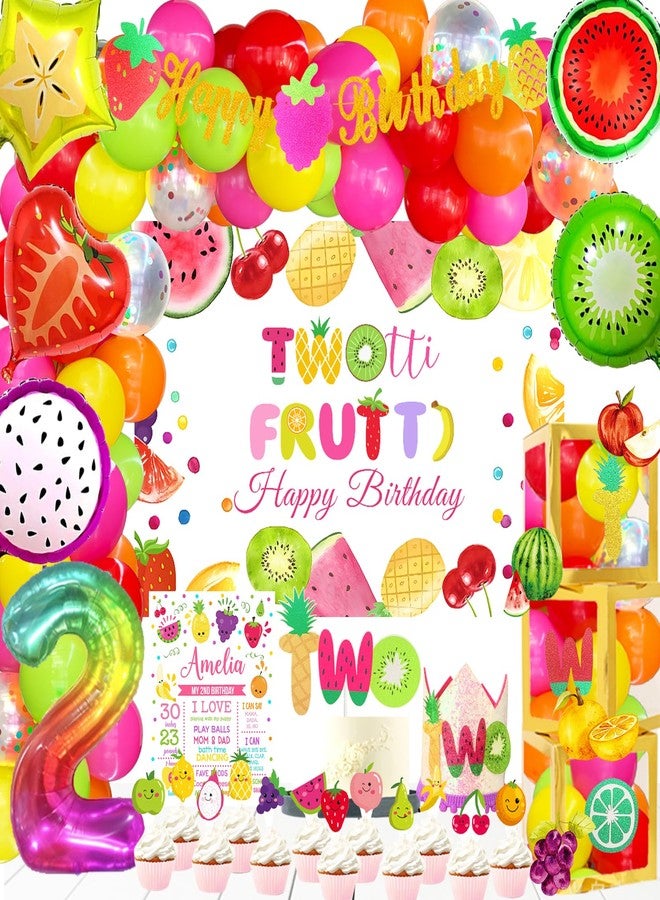 Fiesec Twotti Fruity Birthday Decorations, Fruit Themed 2nd Tutti Frutti Party Decorations Backdrop Balloon Garland Glitter Banner Cake Cupcake Topper Box Cutout Crown Poster Summer Luau 155 PCs - Image 1