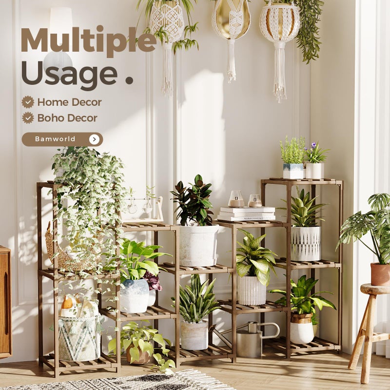 Bamworld Large Plant Shelf Outdoor Wood Plant Stand Large Rack for Living Room Patio, Balcony and Garden - Image 4