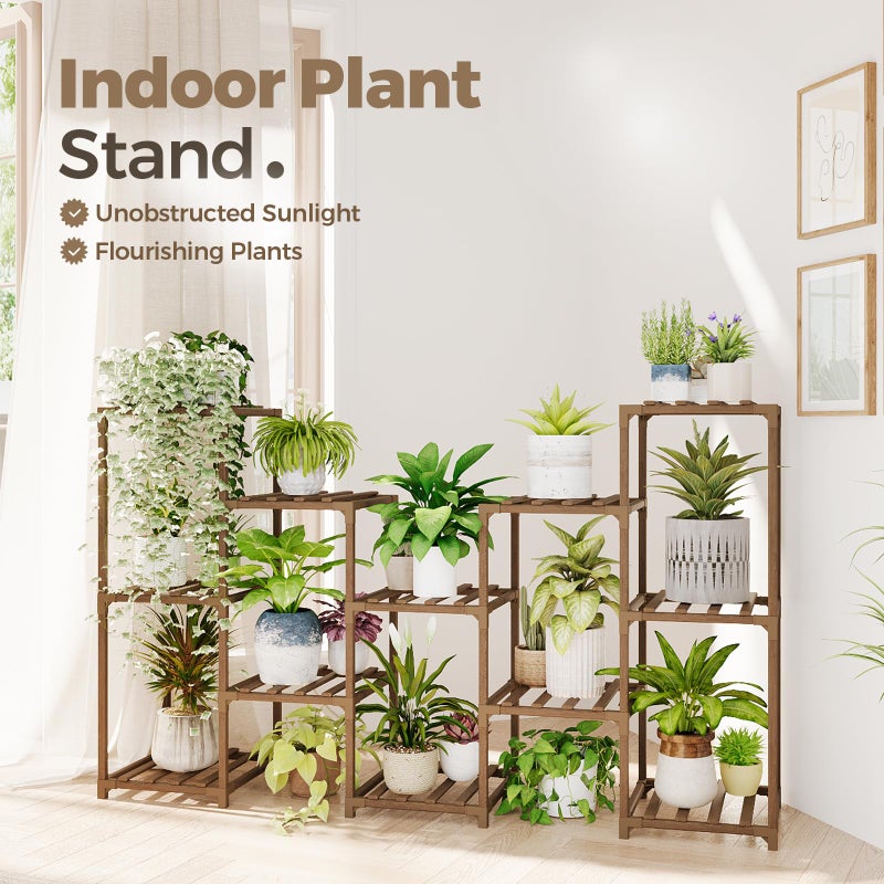 Bamworld Large Plant Shelf Outdoor Wood Plant Stand Large Rack for Living Room Patio, Balcony and Garden - Image 2