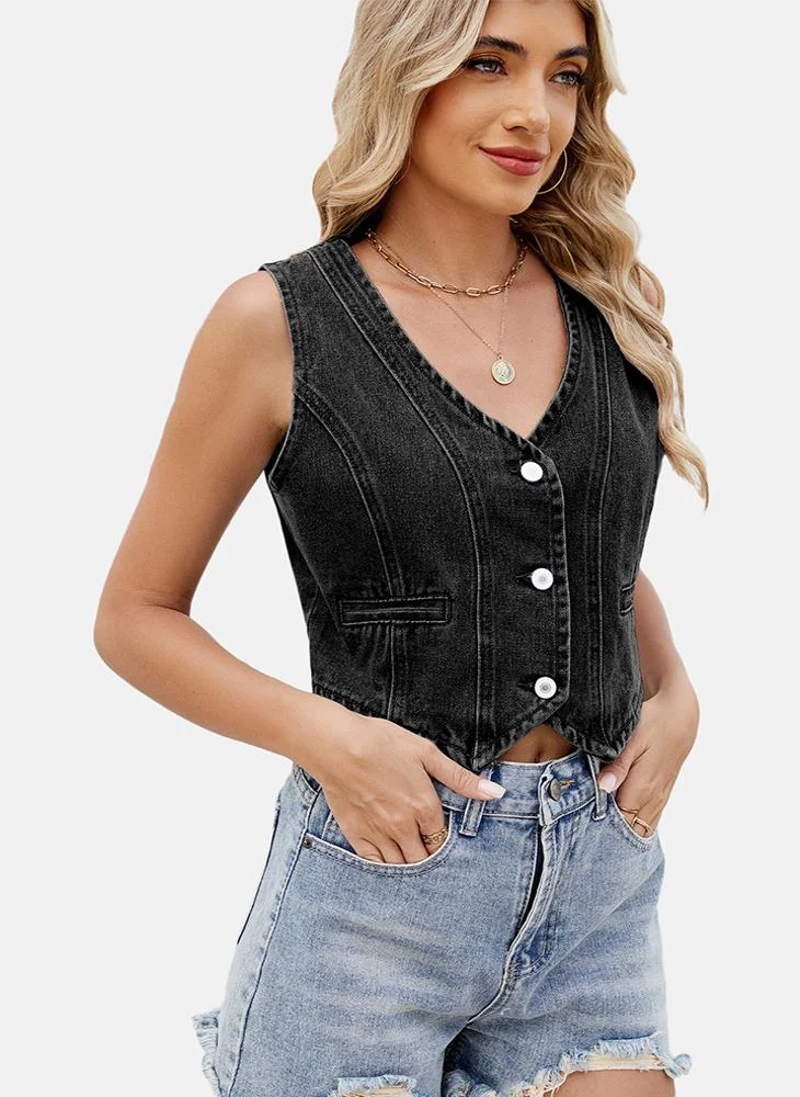 YUNIQEE Black V Neck Plain Top