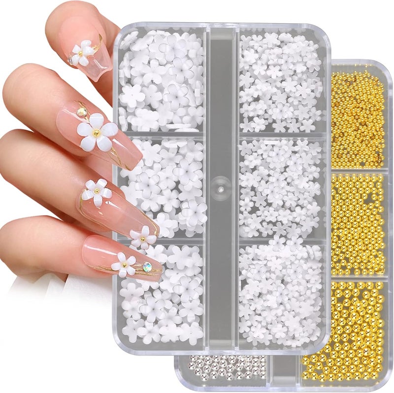 TOROKOM 3D Flower Nail Art Charms, White Acrylic Flower Rhinestones Metal Caviar Beads Nail Supplies Decorations for Women Girls Nail DIY