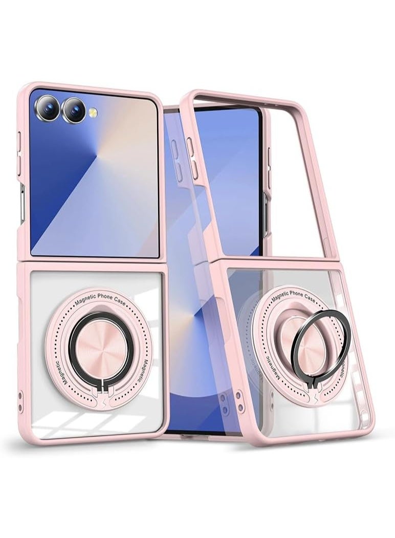 VKL Case Compatible with Samsung Galaxy Z Flip7, [Magnetic Wireless Charging] Hard PC + Soft TPU Transparent Shockproof Cover with Rotating Ring Stand (Pink) - Image 1