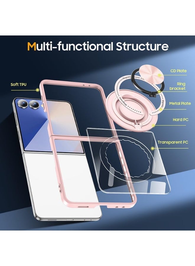 VKL Case Compatible with Samsung Galaxy Z Flip7, [Magnetic Wireless Charging] Hard PC + Soft TPU Transparent Shockproof Cover with Rotating Ring Stand (Pink) - Image 3