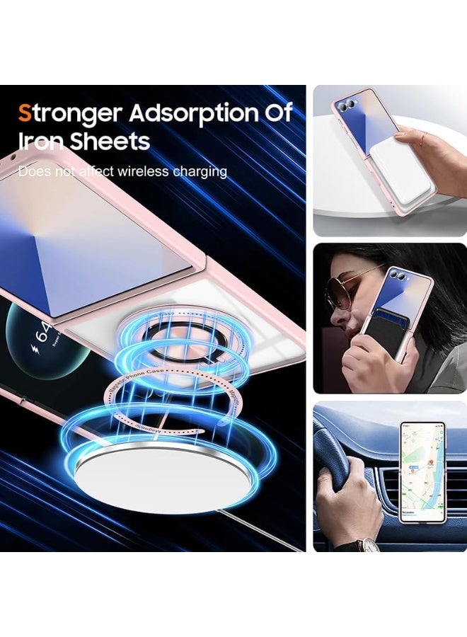 VKL Case Compatible with Samsung Galaxy Z Flip7, [Magnetic Wireless Charging] Hard PC + Soft TPU Transparent Shockproof Cover with Rotating Ring Stand (Pink) - Image 2