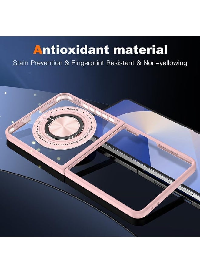 VKL Case Compatible with Samsung Galaxy Z Flip7, [Magnetic Wireless Charging] Hard PC + Soft TPU Transparent Shockproof Cover with Rotating Ring Stand (Pink) - Image 5