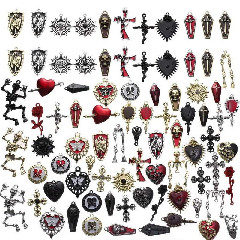 YEYULIN Baroque 64pcs Assorted Gold Black Red Rose Skull Enamel Charms Coffin Cross Halloween Charm Pendant DIY for Earrings Necklace Bracelet Jewelry Making and Crafting