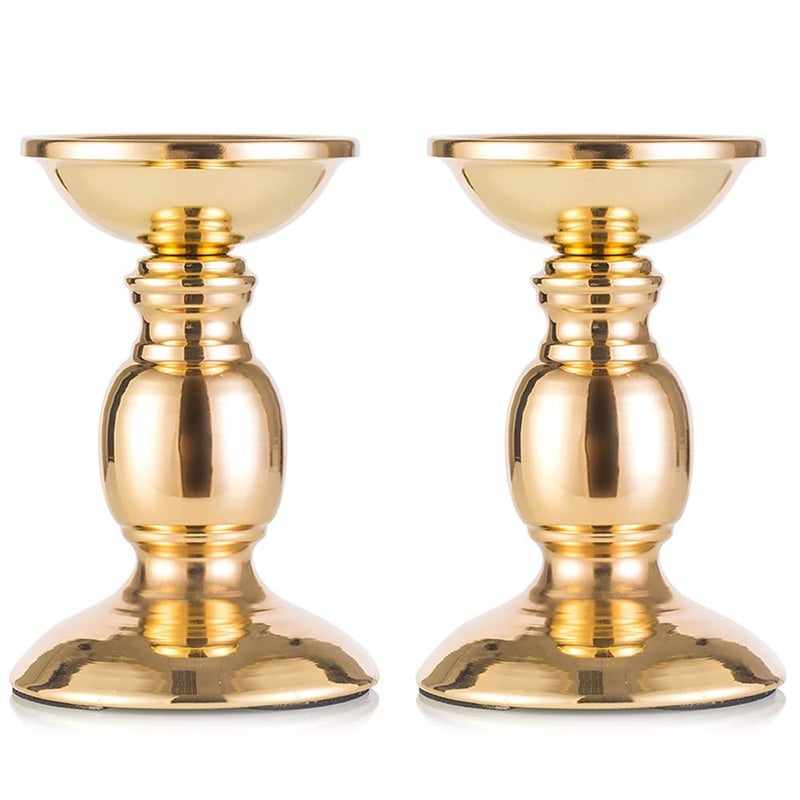 Set of 2 Gold Metal Pillar Candle Holders for 3 inches Dia Candle Wedding Centerpieces Candlestick Holders Stand Centerpiece Decoration Ideal for Weddings Special Events Parties