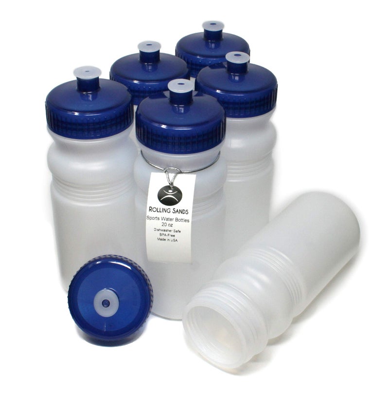 Rolling Sands 20 Ounce Sports Water Bottles 6 Pack  BPA-Free  Made In USA  Dishwasher Safe  Clear Frost Bottles/Navy Lids - Image 1
