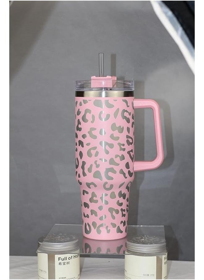 Executive LLC 40 oz Tumbler with Handle Leopard Stainless Steel Thermos Mug Coffee Cup Outdoor Car Mug Sports Travel Stainless Steel Tumbler (Pink)  - Image 3