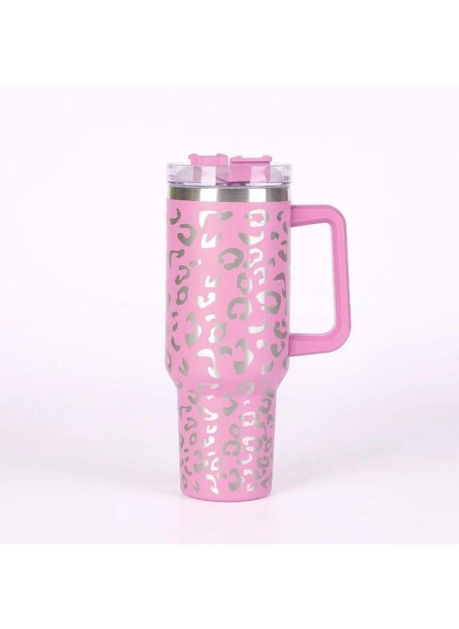 Executive LLC 40 oz Tumbler with Handle Leopard Stainless Steel Thermos Mug Coffee Cup Outdoor Car Mug Sports Travel Stainless Steel Tumbler (Pink)  - Image 2