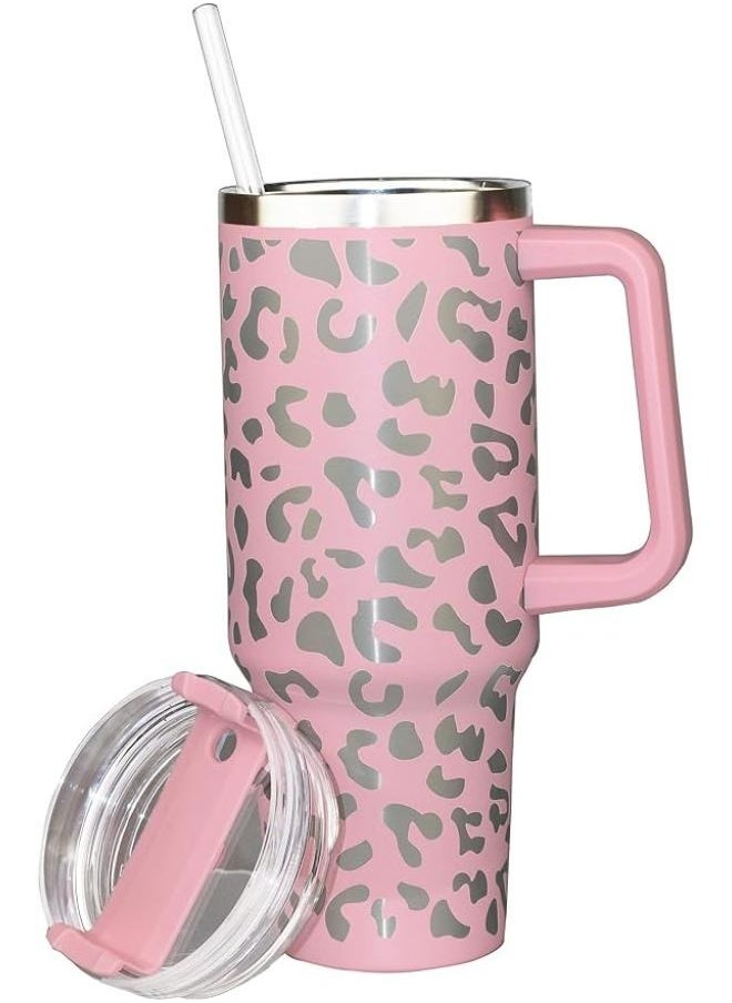 Executive LLC 40 oz Tumbler with Handle Leopard Stainless Steel Thermos Mug Coffee Cup Outdoor Car Mug Sports Travel Stainless Steel Tumbler (Pink)  - Image 5