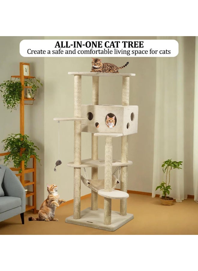 أن ان سي بيتس شجرة قطط للقطط المنزلية | برج قطط كبير | منزل متعدد الطوابق للقطط مع منصة علوية | عمود خدش من السيزال | منزل واسع للقطط | لعبة قطط وأرجوحة ناعمة | مركز أنشطة على شكل شجرة للقطط - ١٦٣ سم (بيج) - Image 5