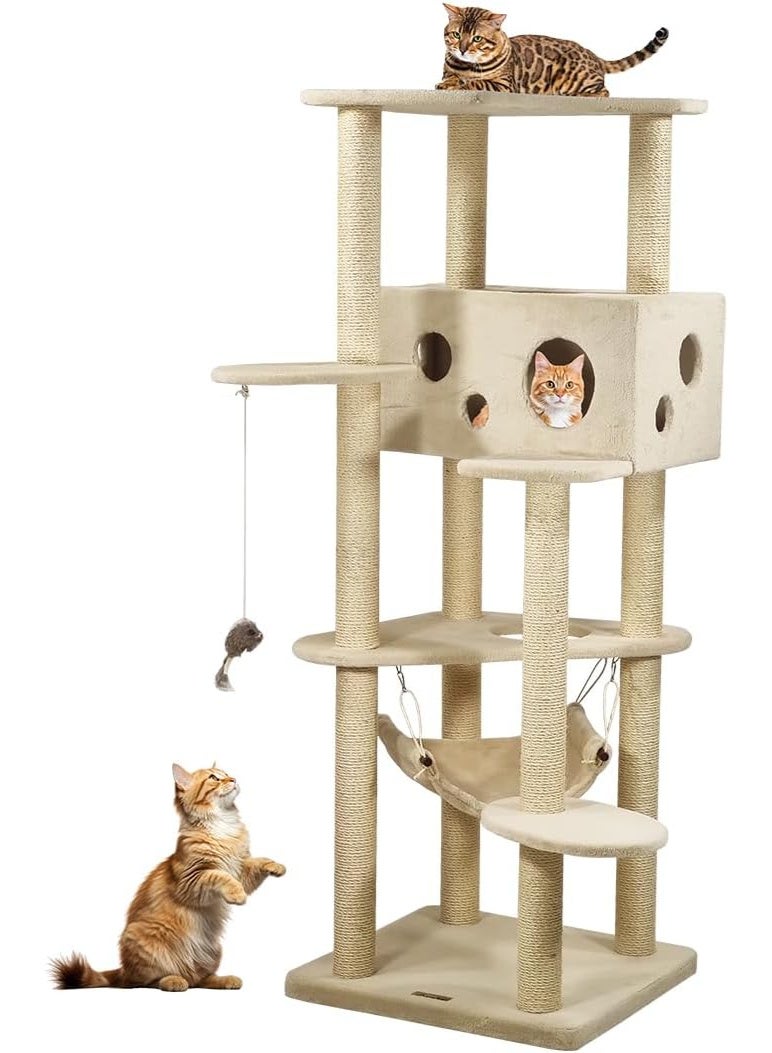 أن ان سي بيتس شجرة قطط للقطط المنزلية | برج قطط كبير | منزل متعدد الطوابق للقطط مع منصة علوية | عمود خدش من السيزال | منزل واسع للقطط | لعبة قطط وأرجوحة ناعمة | مركز أنشطة على شكل شجرة للقطط - ١٦٣ سم (بيج) - Image 1