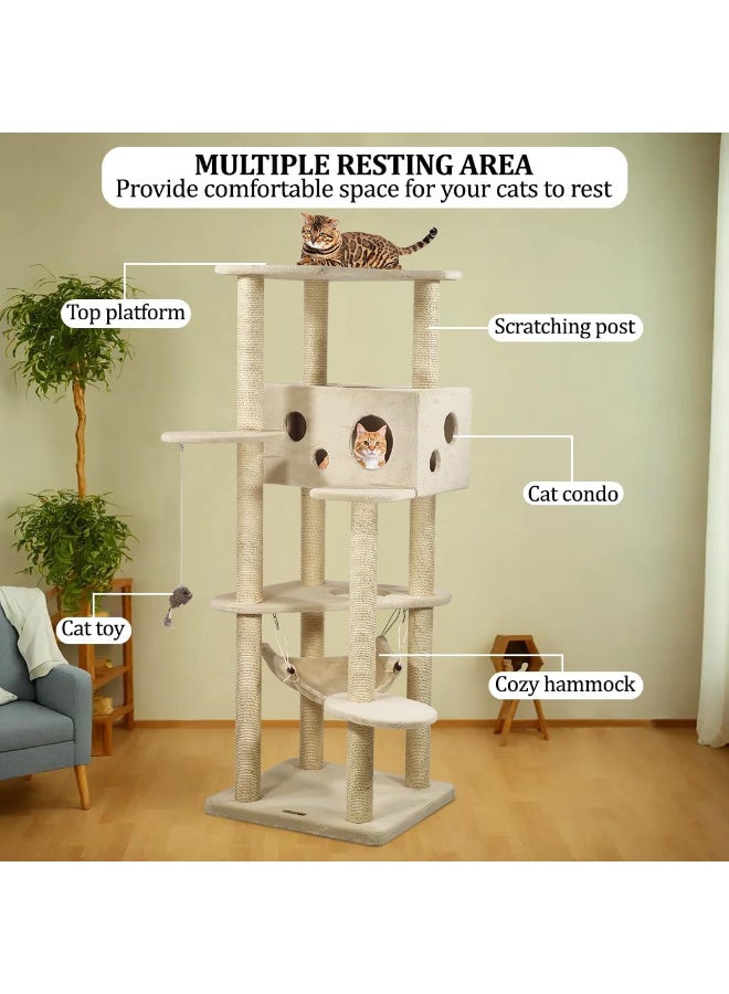 أن ان سي بيتس شجرة قطط للقطط المنزلية | برج قطط كبير | منزل متعدد الطوابق للقطط مع منصة علوية | عمود خدش من السيزال | منزل واسع للقطط | لعبة قطط وأرجوحة ناعمة | مركز أنشطة على شكل شجرة للقطط - ١٦٣ سم (بيج) - Image 4