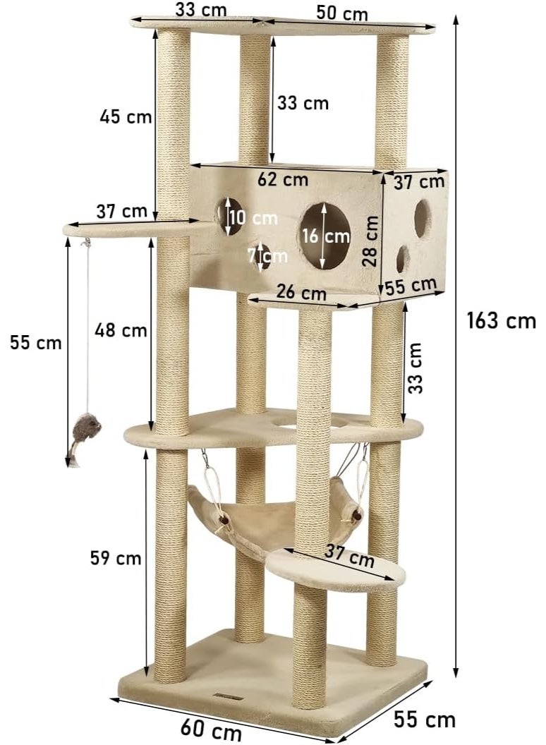 أن ان سي بيتس شجرة قطط للقطط المنزلية | برج قطط كبير | منزل متعدد الطوابق للقطط مع منصة علوية | عمود خدش من السيزال | منزل واسع للقطط | لعبة قطط وأرجوحة ناعمة | مركز أنشطة على شكل شجرة للقطط - ١٦٣ سم (بيج) - Image 2