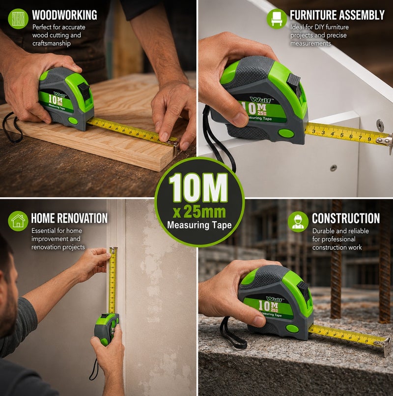 WULF Measuring Tape 10 Meter Professional Steel Tape Measure 10m x 25mm with Dual Lock System, Rubberized Impact Resistant Case and Metric Scale for Construction, Engineering, Surveying & DIY Projects - Image 3