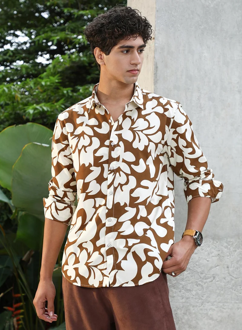 Campus Sutra Campus Sutra Men Contrast-Botanics Imprint Shirt | Abstract Floral Print With Spread Collar & Full Sleeves | Polyester Blend Fabric For Comfort | Perfect For Club & Casual Wear | Chocolate Brown