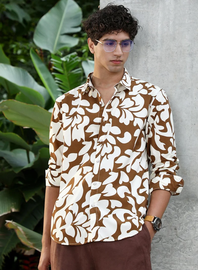 Campus Sutra Campus Sutra Men Contrast-Botanics Imprint Shirt | Abstract Floral Print With Spread Collar & Full Sleeves | Polyester Blend Fabric For Comfort | Perfect For Club & Casual Wear | Chocolate Brown