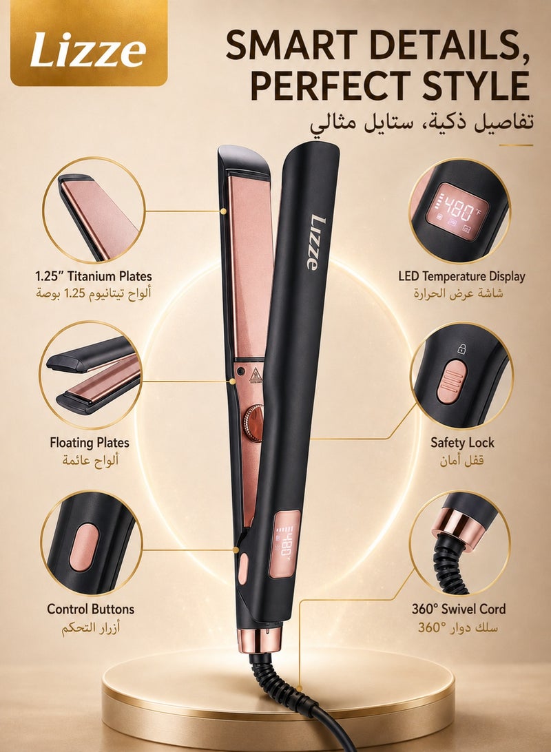 Lizze Hair Straightener 1.25" Straightening And Multiple Heat Settings Up To 480℉ Temperature With Dual Voltage(110V-220V) Volumizing Ceramic Flat Iron Dry Frizzy thick Hair Curls-Sleek Salon Hair Styling Tool - Image 4