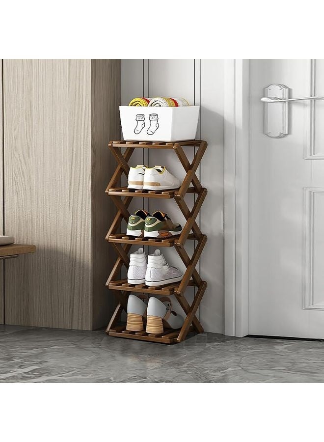 هومستر رفوف أحذية الخيزران القابلة للطي منظم الرف الدائم المجاني لمدخل، خزانة، غرفة النوم، الممر، طريق طبيعي كفاف حذاء وظيفي متعدد الوظائف (لون الخشب) 5 طبقات - Image 1