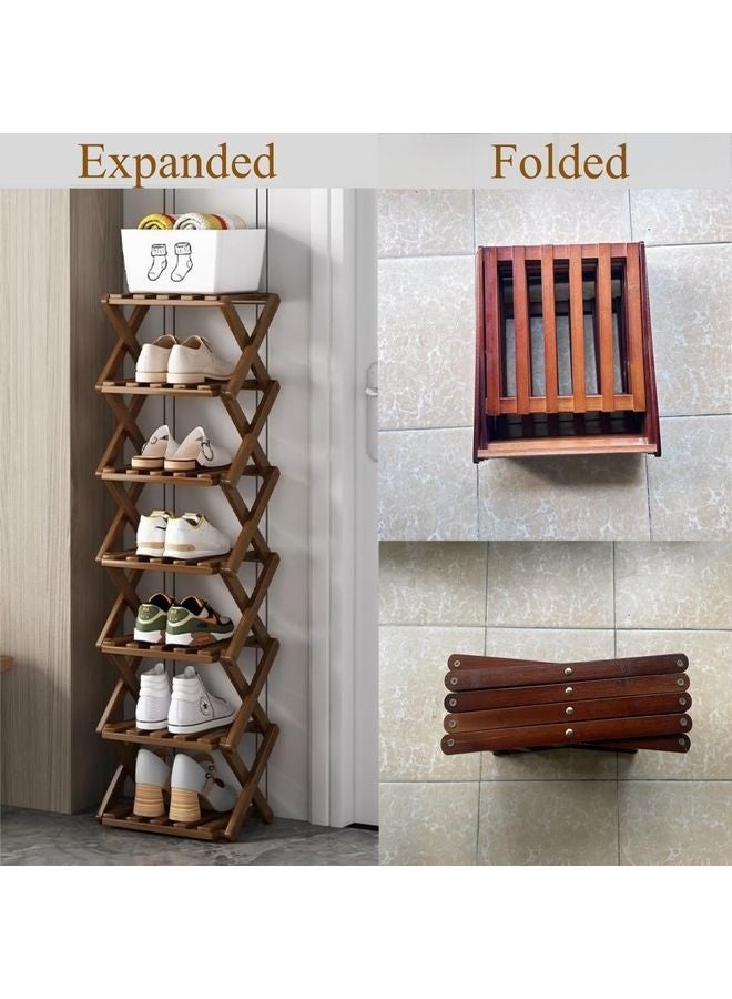 هومستر رفوف أحذية الخيزران القابلة للطي منظم الرف الدائم المجاني لمدخل، خزانة، غرفة النوم، الممر، طريق طبيعي كفاف حذاء وظيفي متعدد الوظائف (لون الخشب) 5 طبقات - Image 5